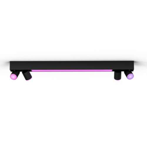 Centris Hue 4-spot ceiling light in a rectangular black matte finish with adjustable cylindrical heads emitting purple light.