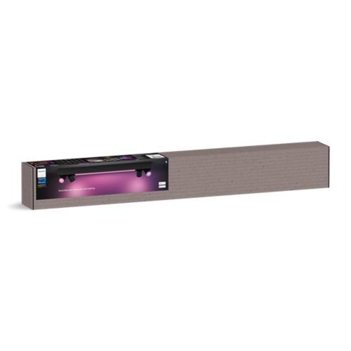 Rectangular product packaging featuring a black ceiling light fixture with adjustable spotlights, displayed against a purple background.