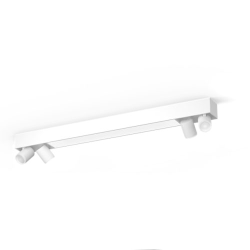 White Centris Hue 4-spot ceiling light with cylindrical adjustable spotlights and rectangular base, featuring a matte finish.