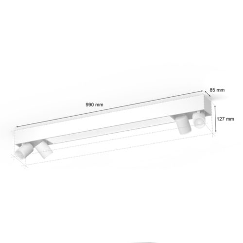 Centris 4-spot ceiling light, rectangular shape, white color, matte finish, with adjustable cylindrical spotlights, dimensions labeled.