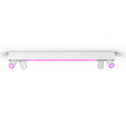 Centris 4-spot smart ceiling light, rectangular shape, white matte finish, with four adjustable spotlights emitting pink light.