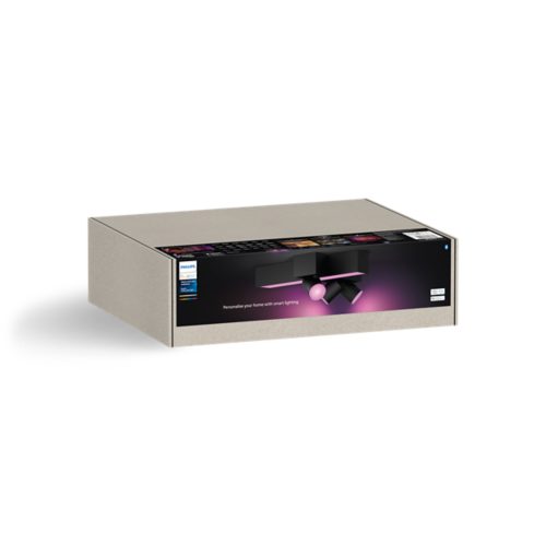 A closed box featuring an image of a black smart ceiling light fixture with pink lighting and the text Personalise your home with smart lighting.