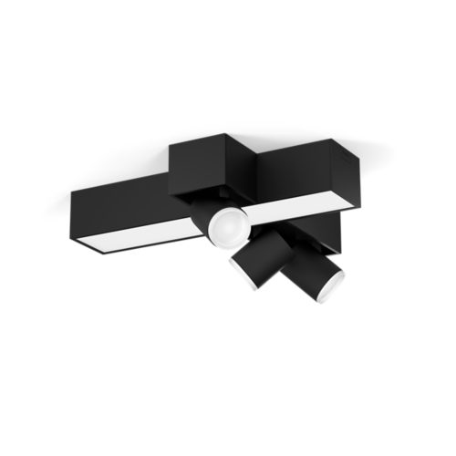 Centris cross 3 spot ceiling light, rectangular and cylindrical shape, black finish, with adjustable spotlights.