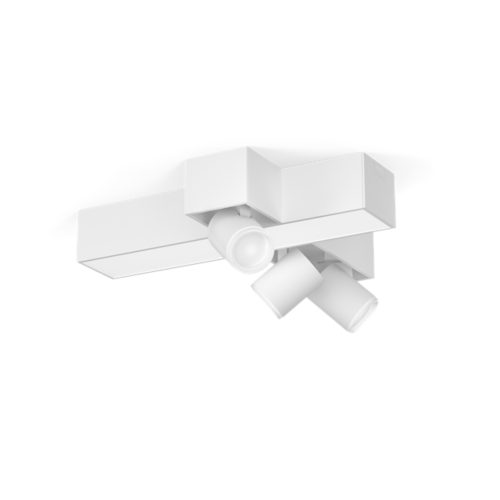 Centris cross-shaped ceiling spotlight in white with a matte finish, featuring cylindrical adjustable spotlights and a compact design.
