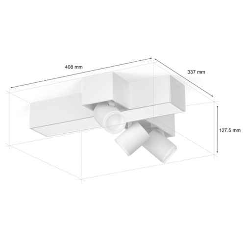 White Centris cross-shaped ceiling spotlight with three cylindrical adjustable heads, matte finish, dimensions labeled in millimeters.