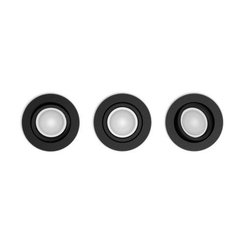 A set of round recessed smart lighting fixtures with black trim, displayed against a plain white background.