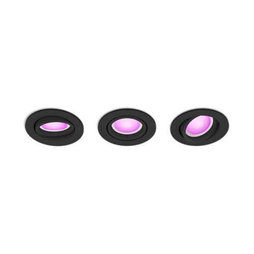 Centura recessed round black smart downlights with matte finish, emitting pink light, shown in a compact collection.