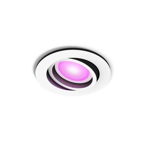 Centura recessed round white smart ceiling light with a compact design and matte finish, emitting a pink glow from the center.