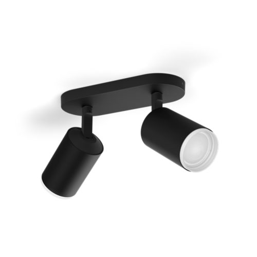 Fugato plate spiral ceiling spotlight in a compact cylindrical shape, matte black finish, with two adjustable lamp heads.