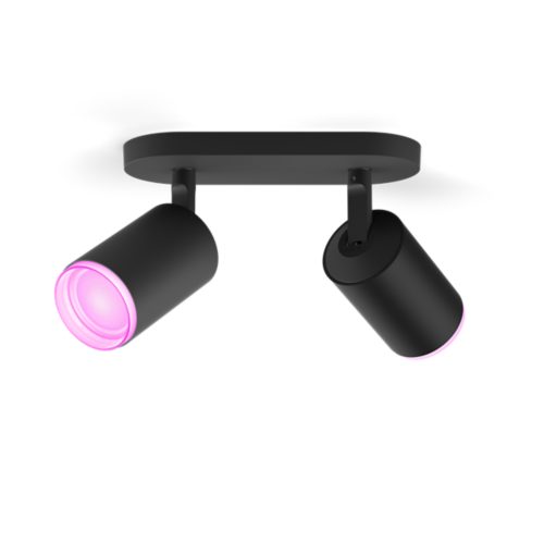 Fugato spiral plate spotlight, cylindrical shape, black color, matte finish, with visible pink light on the lens edges.