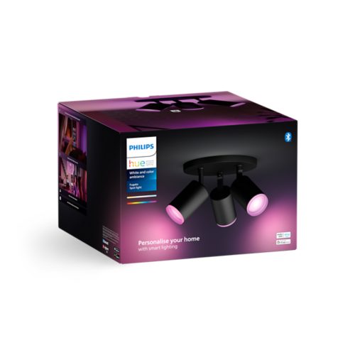A box displaying a black ceiling spot light with three adjustable heads emitting pink and purple light, labeled Fugato Sport Light.