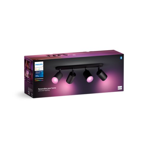 Product packaging featuring a black track light fixture with four adjustable spotlights emitting pink illumination. Text: Personalise your home with smart lighting.