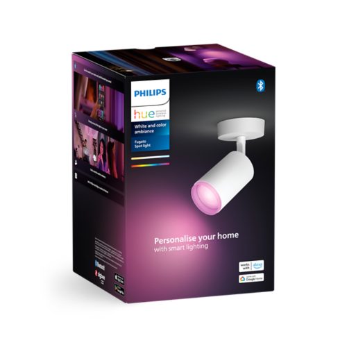 Product packaging for a white spotlight with a pink glow, labeled Personalise your home with smart lighting and compatibility icons.