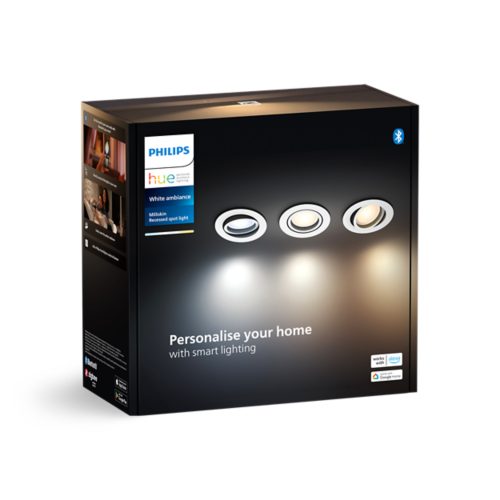 Product packaging for Milliskin recessed spot light showing three spotlights with different white light tones and text details.