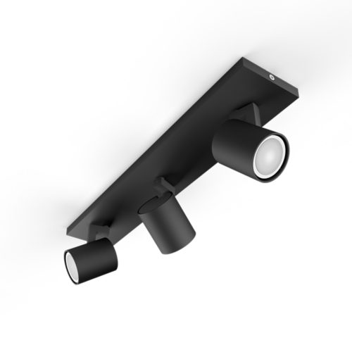 Black Runner bar tube ceiling spotlight, cylindrical shape, matte finish, with three adjustable light heads visible.