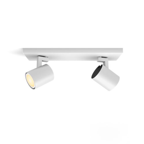 White Runner bar tube ceiling light, cylindrical shape, matte finish, featuring two adjustable spotlight heads.