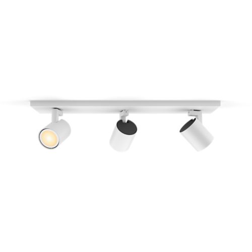 White Runner bar tube ceiling light with three cylindrical adjustable spotlights, matte finish, one spotlight illuminated.