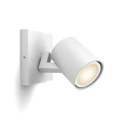 White Runner single spot light with cylindrical shape, matte finish, mounted on a square base, visible front lens and bracket.