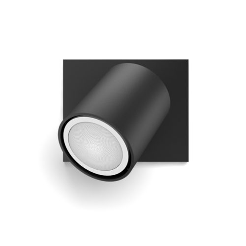 Black Runner single spot light, cylindrical shape with matte finish, mounted on a square base, visible lens at the front.