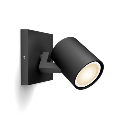 Black Runner single spot light with cylindrical shape, matte finish, mounted on a square base, featuring an exposed light source.