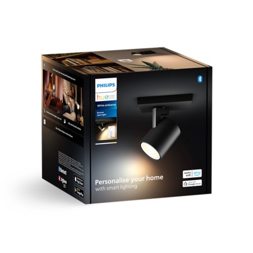 Black smart spotlight product packaging labeled White ambiance Runner Spotlight, showing connectivity and app compatibility icons.