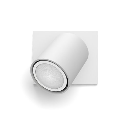 White Runner Hue single spot light with cylindrical shape, matte finish, mounted on a square base, lens detail visible.