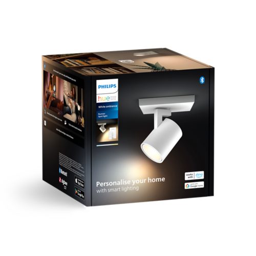 Box packaging of a white smart spotlight labeled Runner Spotlight with text Personalise your home with smart lighting visible.
