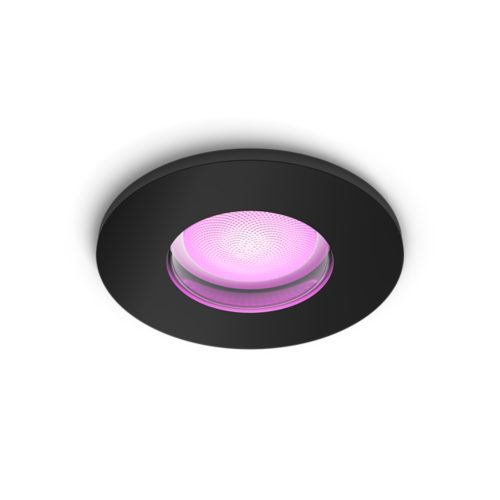 Xamento recessed round black smart downlight with a matte finish, featuring a pink illuminated lens and compact design.