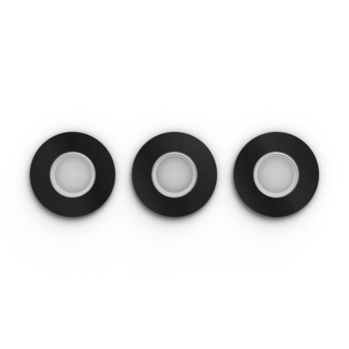 A set of black recessed smart ceiling lights with circular frames, arranged in a row on a white background.