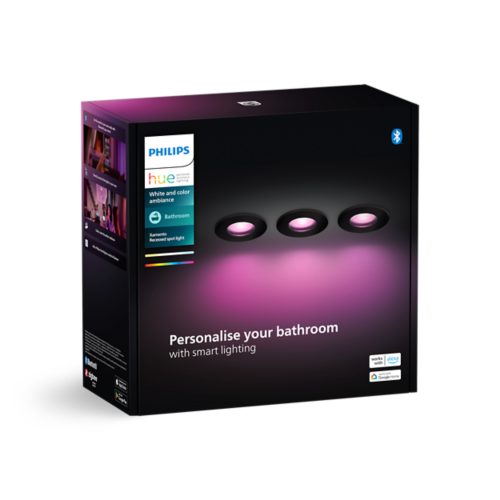 Product packaging for Xamento recessed spot light showing three round lights with purple illumination and text, Personalise your bathroom.