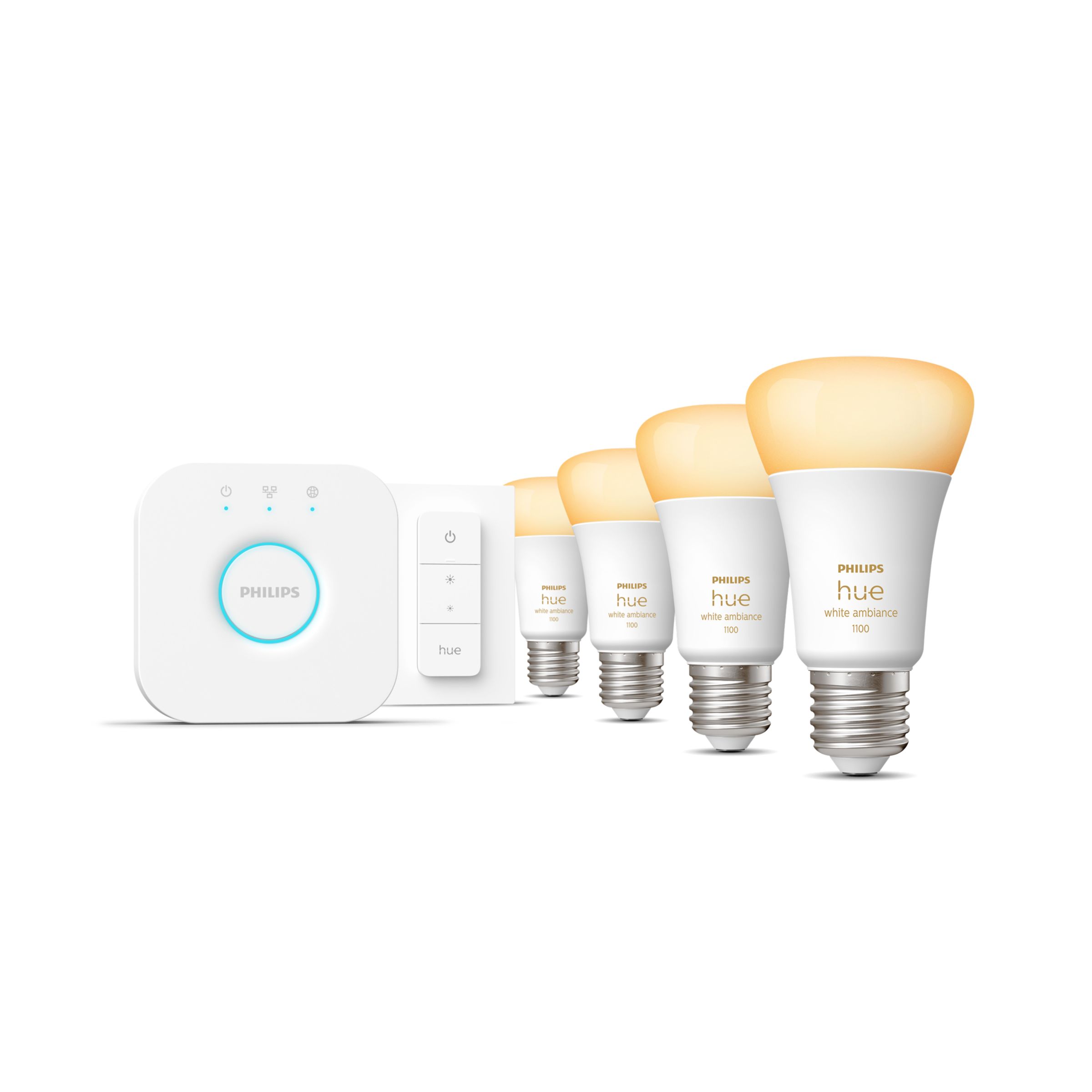 Philips Hue White ambiance Startpaket: 4 st E27 smarta ljuskällor (1100) + dimmerströmbrytare