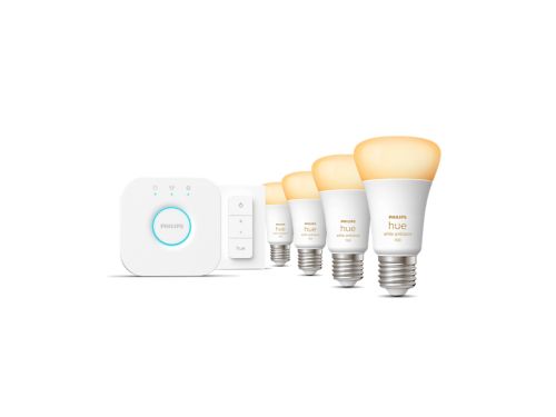Hue White Ambiance Starter-Set: 4 smarte Lampen E27 (1100) + Dimmschalter