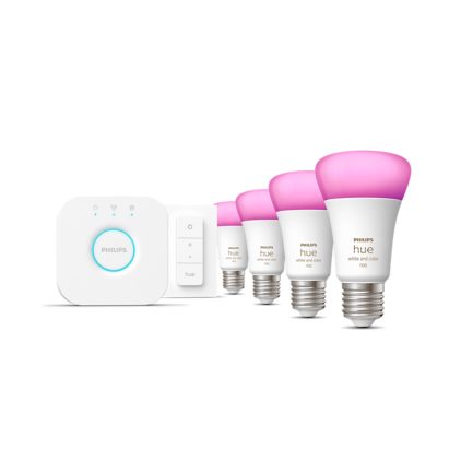 Nahaufnahme der Vorderseite von Starter-Set: 4 smarte Lampen E27 (1100) + Dimmschalter