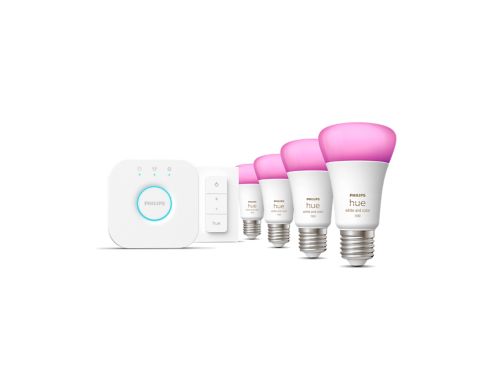 Hue White & Color Ambiance Starter-Set: 4 smarte Lampen E27 (1100) + Dimmschalter