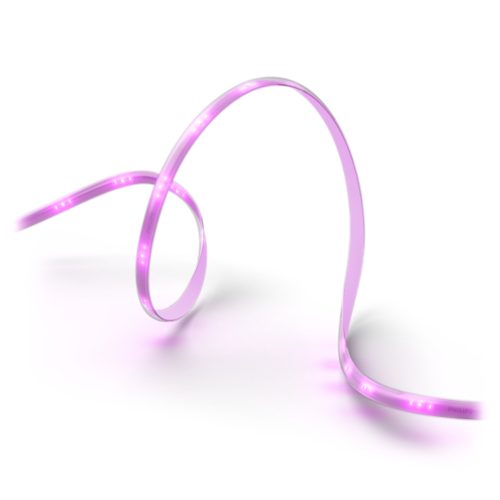 Flexible lightstrip with visible LEDs, emitting pink light, featuring a slim, elongated shape with a glossy finish.