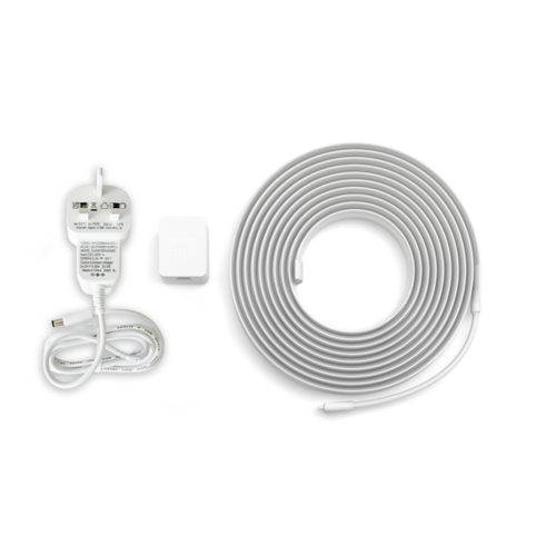 A coiled lightstrip, a UK power adapter with cable, and a rectangular connector are arranged on a white background.
