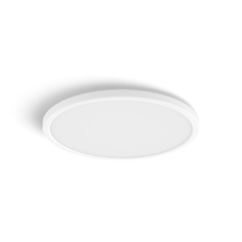 Round white Tento Hue slim ceiling light with flat surface, compact design and matte finish, no visible switches or ports.
