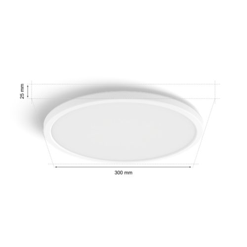Slim ceiling light, round shape, white color, matte finish, compact design, with dimensions labeled as 300 mm by 25 mm.