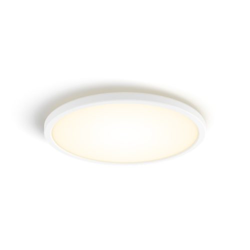 Round white slim ceiling light, compact design, with a matte finish and illuminated surface, no visible switches or ports.
