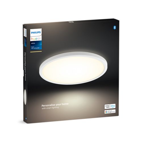 Box packaging showing a round slim ceiling light with a white frame, text reads Personalise your home with smart lighting.