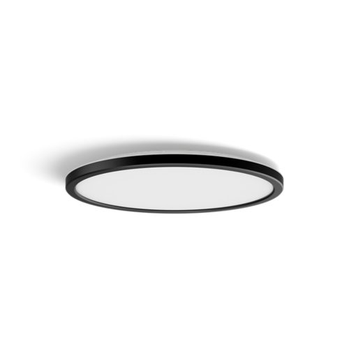 Slim round ceiling light, black frame with matte finish, white diffuser, compact design, no visible switches or ports.