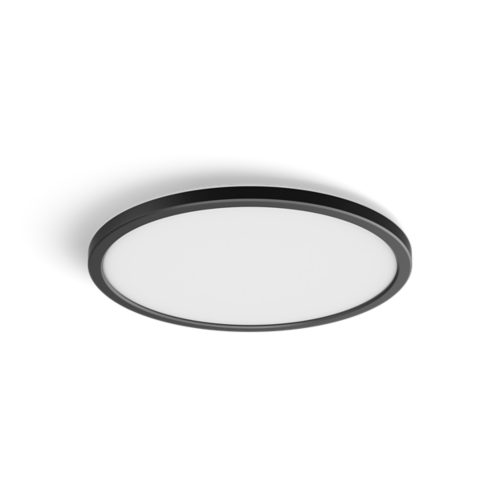 Slim round ceiling light in black finish with a white diffuser, featuring a compact design and smooth matte surface.