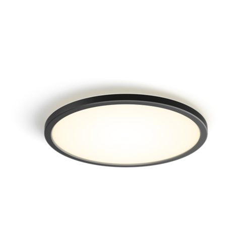 Slim ceiling light, round shape, black frame with matte finish, white illuminated surface, no visible switches or ports.