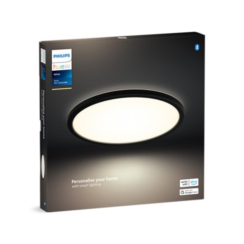 Box packaging displaying a round slim ceiling light with illuminated center, product details, and compatibility icons for Alexa and Google Home.