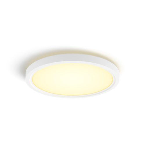 Slim round ceiling light, white finish, compact design, emitting warm light, no visible switches or ports on surface.