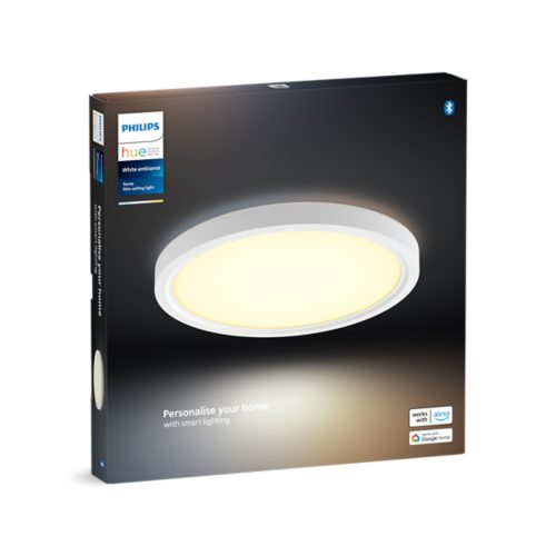 Product packaging showing a round, white slim ceiling light with the text Personalise your home with smart lighting on the box.