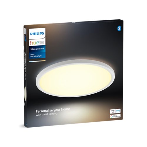 Product packaging showing a round slim ceiling light with white illumination, labeled White ambiance and Personalise your home.