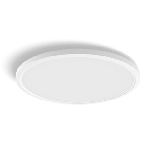 Slim round ceiling light, white color, flat shape with a matte finish, no visible switches or ports, compact design.