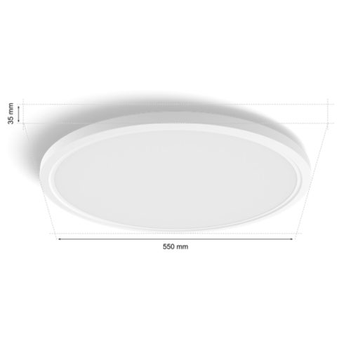 Round slim white ceiling light with a matte finish, diameter 550 mm and height 35 mm, no visible switches or ports.