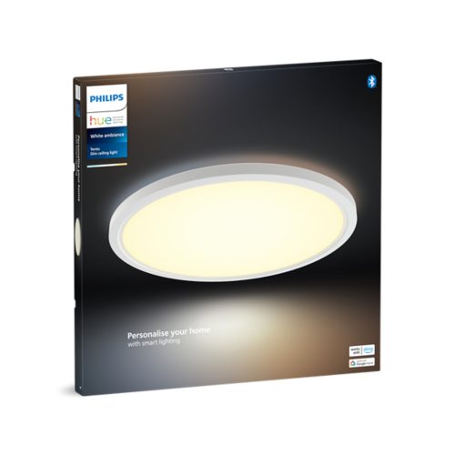 Product packaging showing a round slim ceiling light with white illumination and text reading Personalise your home with smart lighting.